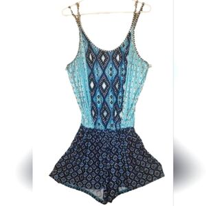 Blue Patterned Romper Swimwear